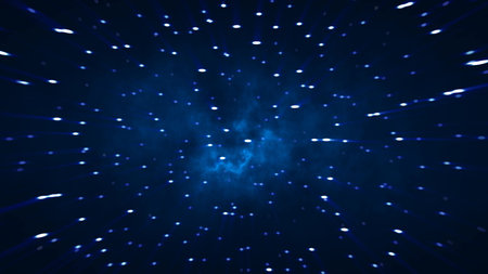 Abstract cosmic background of energetic bright glowing magical stars on a dark sky background.