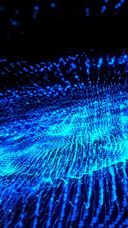Exploding wave of luminous blue particles in motion against a dark background, resembling data...