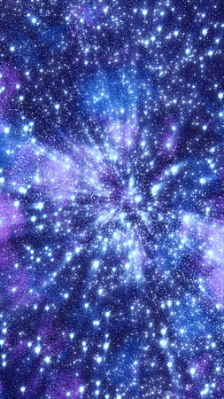 Blue and purple starfield burst with sparkling cosmic dust, abstract galaxy warp background.
