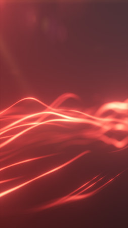 Red neon light trails flowing across dark background, abstract motion blur waves and glowing lines...