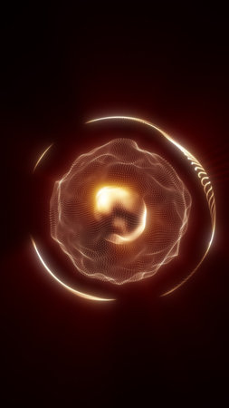 Glowing golden sphere made of particles and dotted waves, abstract digital energy core on dark...