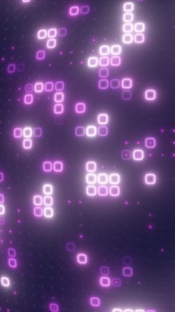 Soft neon squares forming glowing pink clusters on a digital purple background.