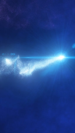 Blue cosmic particle wave with glowing stardust arc on deep space background.