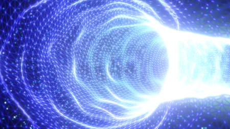 Abstract glowing blue vortex made of geometric mesh lines.