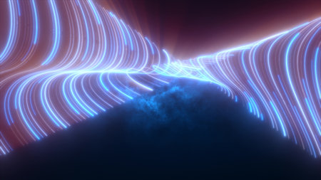 Abstract bright blue purple glowing flying waves from twisted lines energy magical background.