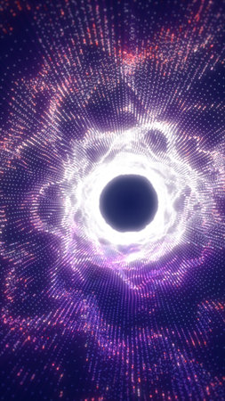 Abstract purple particle vortex with bright circular core, symbolizing energy portal, cosmic motion, and futuristic digital space.の写真素材