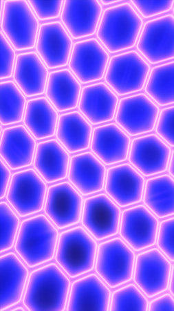 Glowing neon hexagon honeycomb pattern in purple and blue tones, futuristic cyber grid background...