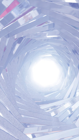Abstract white metallic spiral tunnel with bright glowing center and geometric twisted shapes.