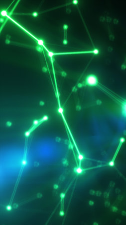 Glowing neon green network of connected nodes and lines forming a dynamic digital grid in dark...