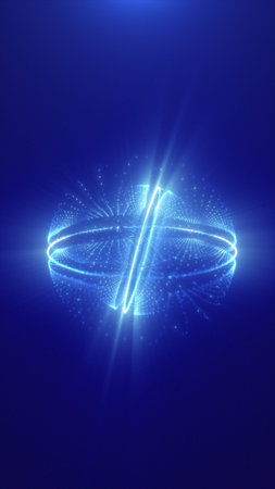 Futuristic blue energy sphere formed by glowing dots and rings, floating in space and symbolizing...