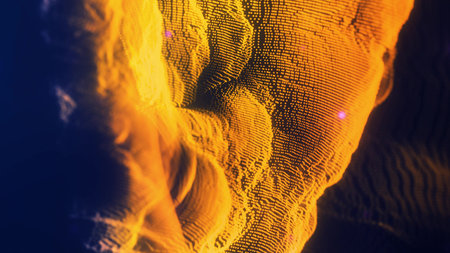 Glowing golden data waves forming a 3D mesh surface.