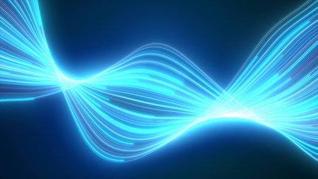 Abstract blue glowing flying waves from lines energy magical background.