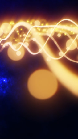 Glowing golden light waves with bokeh particles on dark background, creating a warm, dynamic, and...