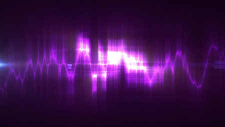 Abstract neon waveform with bright central peaks, symbolizing music energy, audio frequency, and...