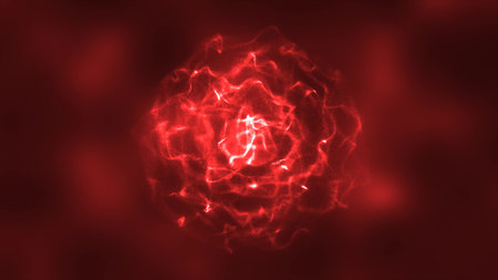 Abstract red energy round sphere glowing with particle waves hi-tech digital magic abstract background.の写真素材