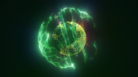 Abstract glowing green sphere with electric patterns.の写真素材