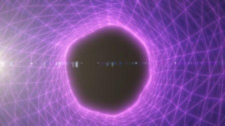 Purple neon energy portal with a dark center on a futuristic wireframe network grid, abstract sci-fi...