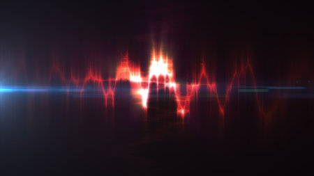Abstract red glowing waveform with sharp light peaks on a dark background, symbolizing sound energy,...