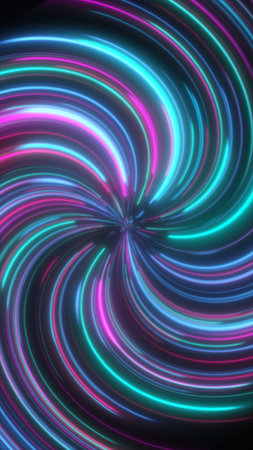 Abstract neon vortex of flowing magenta and cyan light trails forming a dynamic spiral motion on a...