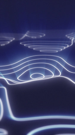 Blue neon topographic contour lines on a futuristic holographic map interface, abstract digital...