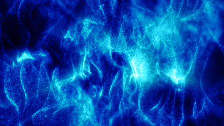 Abstract blue waves and smoke from particles of magical energy bright glowing liquid, background.