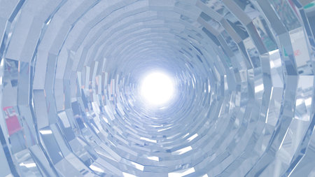 A rotating silver metal chrome shiny tunnel with walls of ribs and lines in the form of a circle...