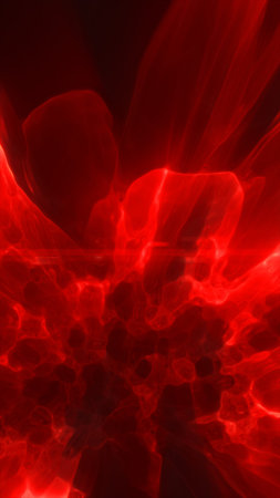 Fiery red plasma burst with molten textures and light rays, dramatic energy explosion abstract background.の写真素材