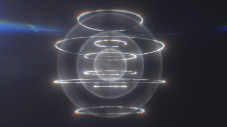 Silver translucent hologram with floating rings and prism light flare, sleek sci-fi interface on...