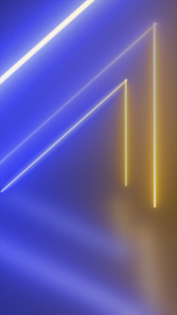 Minimal neon geometric lines in blue and gold with soft glow, futuristic abstract tech background.