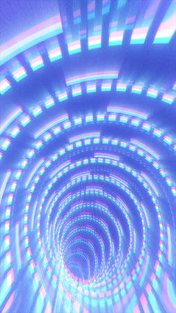 Futuristic neon tunnel made of glowing geometric segments, creating a sense of speed, depth, and...