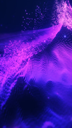 Abstract purple data wave made of glowing particles and flowing grid structures on a dark...