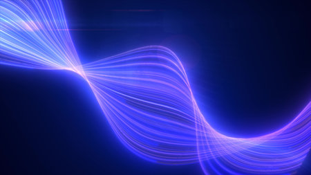 Abstract purples glowing flying waves from lines energy magical background.