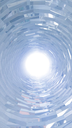Futuristic white tunnel made of layered geometric panels leading towards a bright center,...