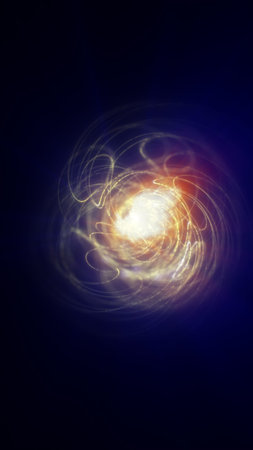Bright golden energy core surrounded by swirling light trails on a dark blue background,...