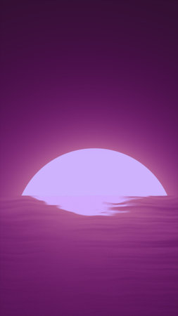 Minimal abstract landscape with a glowing purple sun setting over a smooth horizon, creating a calm futuristic and synthwave atmosphere.の写真素材