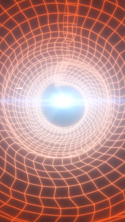 Orange neon wireframe tunnel spiraling into a bright light core, sci-fi grid perspective background.
