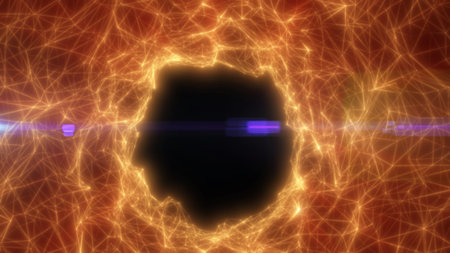 Orange glowing portal with polygon network and purple lens flare, futuristic energy vortex abstract...