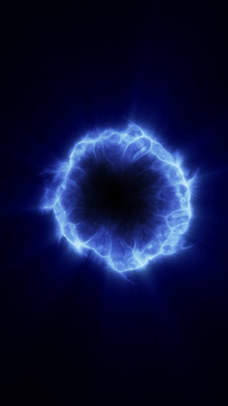 Electric blue plasma ring and lightning portal on dark background, glowing sci-fi energy vortex.