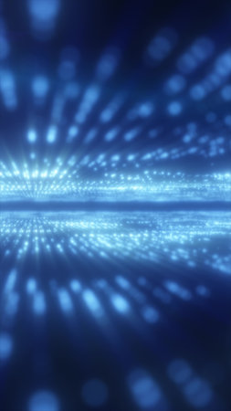 Abstract digital space with glowing blue particles and light rays creating a futuristic depth...