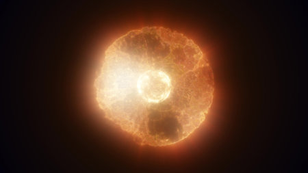 Abstract yellow orange energy glowing digital sphere atom made of iridescent energy from moving...
