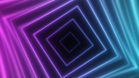Abstract geometric neon tunnel of glowing squares in blue and purple tones creating a sense of...