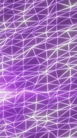 Abstract purple polygon mesh with glowing white lines, forming a geometric network surface for digital technology, connectivity, and futuristic background use.の写真素材