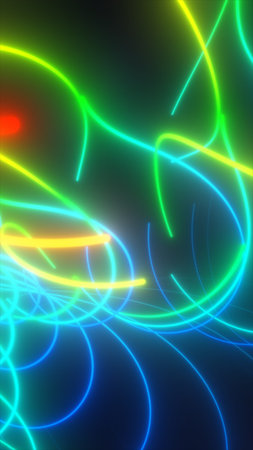 Colorful neon light curves in green, blue, and yellow on a dark background, creating a vibrant...