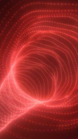 Red luminous energy vortex with dotted lines and mesh, abstract futuristic wave background.の写真素材