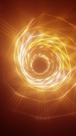 Glowing orange wireframe vortex tunnel with geometric lines and depth, forming an abstract digital...