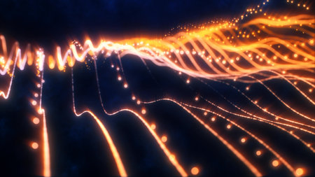 Yellow energy glowing magic stripes waves lines high technology digital with light beams from energy...
