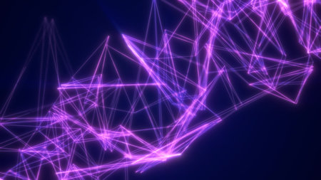 Vibrant purple digital mesh of interconnected lines forming geometric shapes and glowing energy...