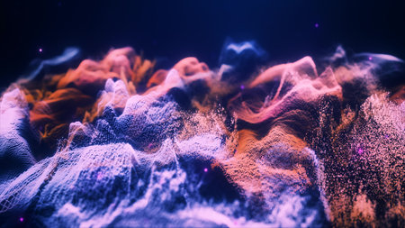 Abstract moving futuristic landscape of particles and dots of energy with glow and blur effect, abstract background. Video 4k, motion design.の写真素材