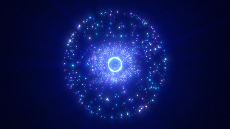 Abstract round blue sphere glowing energy magic molecule with atoms from particles and dots cosmic.の写真素材