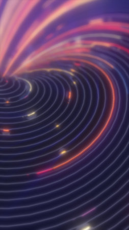 Neon vortex spiral with concentric rings and glowing light trails on deep purple blue background.